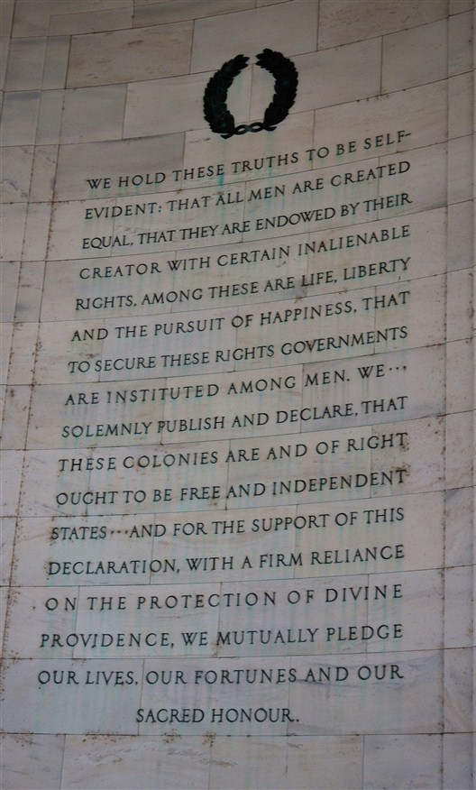 A portion of the Declaration of Independence inscribed on the wall inside the memorial
